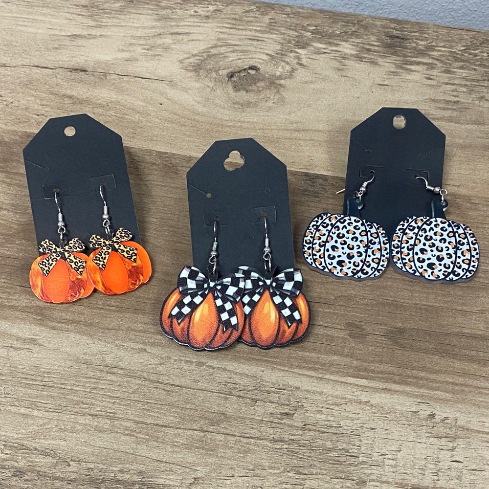 Pumpkin Dangle Earrings Set - Orange Halloween Earrings (3 Pairs)